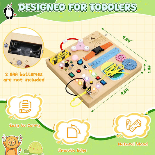 MoKo Montessori Busy Board Toys for 3+ Years Old Wooden Sensory Toys Board with LED Light Up Switch, Locks, Zippers, Music Boxes Learning Educational Fidget Toy for Toddlers Boys & Girls