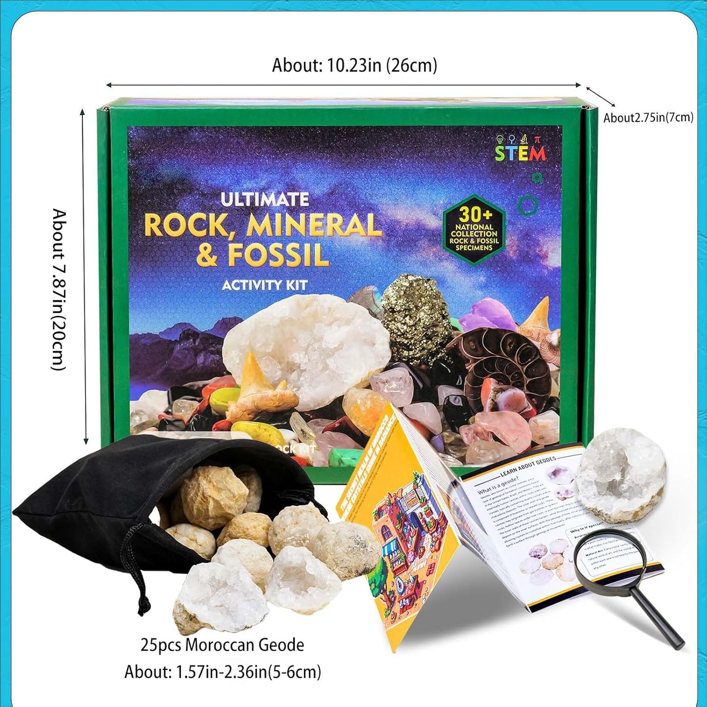 Runyangshi 25 Pcs Morocco Geode Break Your Own Kit - 1.18-1.57 in Natural Geodes with Magnifying Glass, Safety Goggles, Velvet Bag, Instruction Guide, STEM Science Kit for Rock Enthusiasts