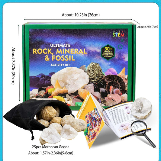 Runyangshi 25 Pcs Morocco Geode Break Your Own Kit - 1.18-1.57 in Natural Geodes with Magnifying Glass, Safety Goggles, Velvet Bag, Instruction Guide, STEM Science Kit for Rock Enthusiasts