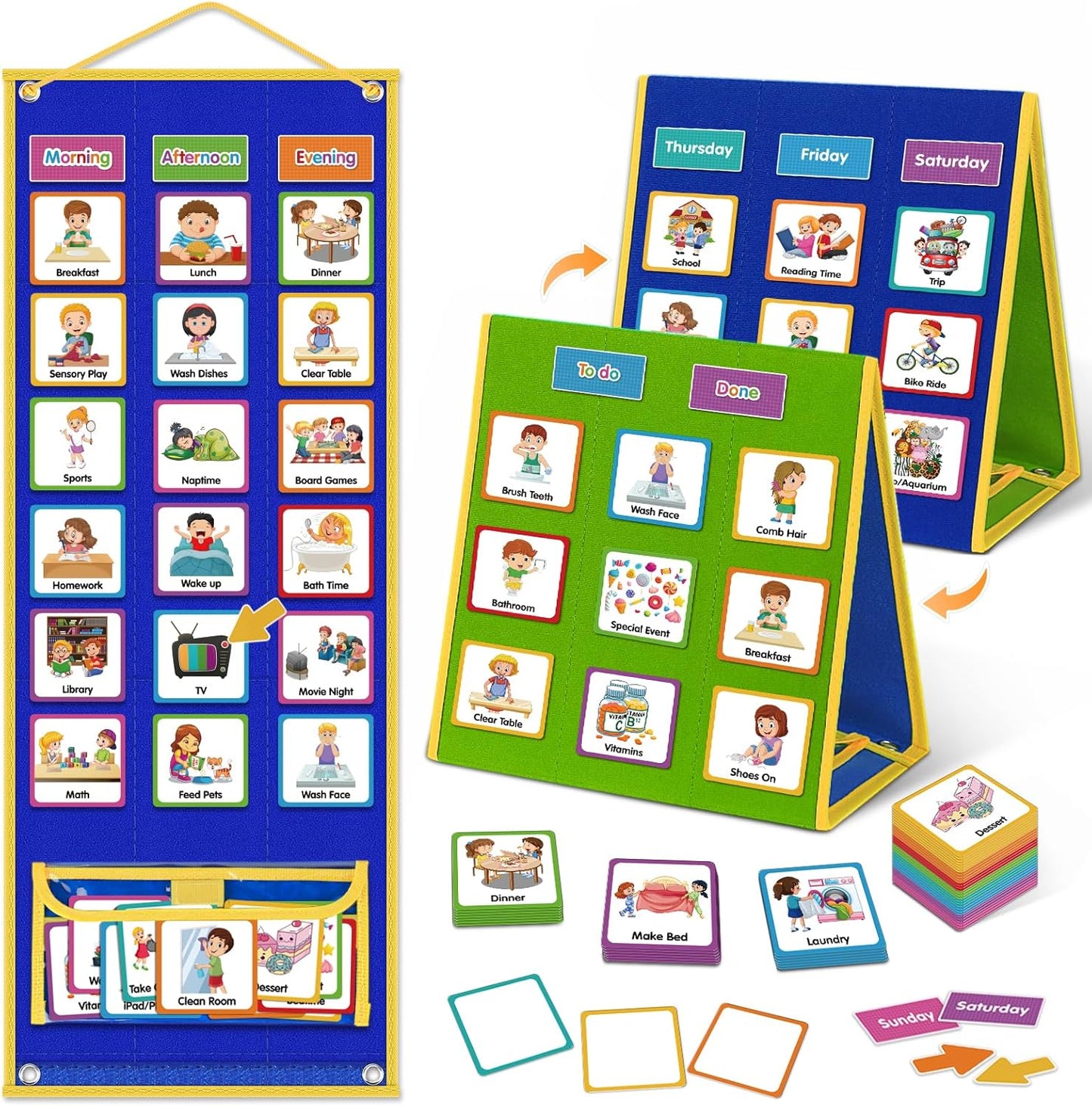 Godery Large Visual Schedule for Kids Chore Reward Chart,Bedtime Routine Chart for Toddlers,Double Side Weekly Planner Board with 109 Cards for Home School Planner,Autism Learning Materials.