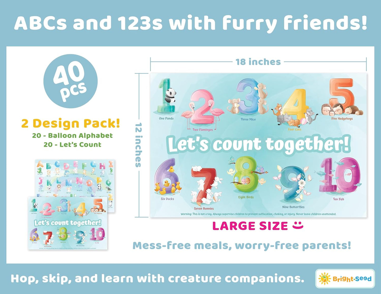 Bright Seed Disposable Placemats for Baby, Toddlers and Kids, Animals ABC & Numbers, 40 Disposable Baby mats for Restaurant, Dining Table & Travel, Learning Placemats for Kids, Toddler Travel