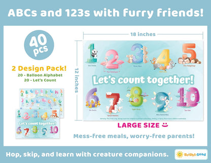 Bright Seed Disposable Placemats for Baby, Toddlers and Kids, Animals ABC & Numbers, 40 Disposable Baby mats for Restaurant, Dining Table & Travel, Learning Placemats for Kids, Toddler Travel