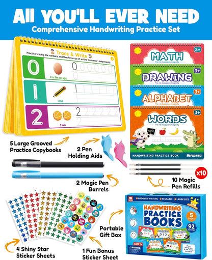 Magic Grooved Writing Practice Books for Kids, Large Grooved Handwriting Copybook, Reusable Learn to Write Number Letter Preschool Tracing Workbook for Kids Ages 3-8, Birthday Gifts Toys