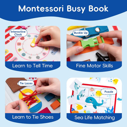 Busy Book for Toddlers - Montessori Sensory Toys for Travel, 4-Page Fine Motor Activity Board Gift for Boys & Girls (Ocean)