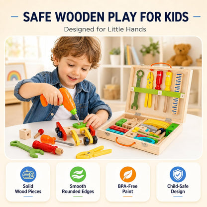 Kids Tool Set with Drill, Montessori Toys for 2 3 4 5 6 Years Toddler Toys Kids Toys, 41 Pcs Wooden STEM Construction Learning Pretend Play Games, Birthday Gift for Boys Girls