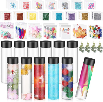 Arrowbash 12 Pcs Sensory Bottles Kits for Toddlers 1-3 Kids 400 ml Plastic Calming Bottles Empty with Lid Calm Down Jar Kit Filler Glitters Sequins Weather Containers for Relieving Anxiety Disturbed