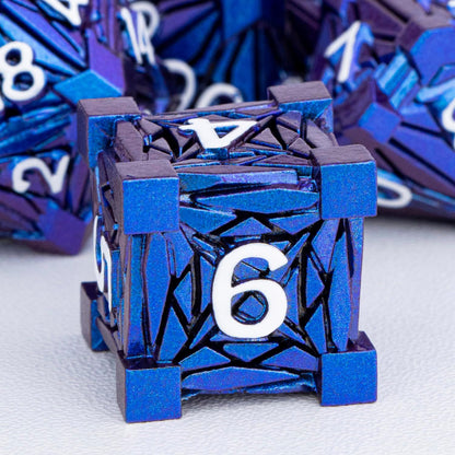 7PCS Metal DND Dice Set with Box, Debris RPG Blue White D and D Dice for D&D Tabletop Games Role Playing Game Polyhedral Dice Set D20 D12 D10 D8 D6 D4