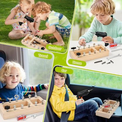 Montessori Screwdriver Board Set with Electric Drill, Wooden Montessori Busy Board Toys Screw Driver Activities Tools for 3 4 5 Year Old Kids, Sensory Learning STEM Fine Motor Skills Toys for Boys