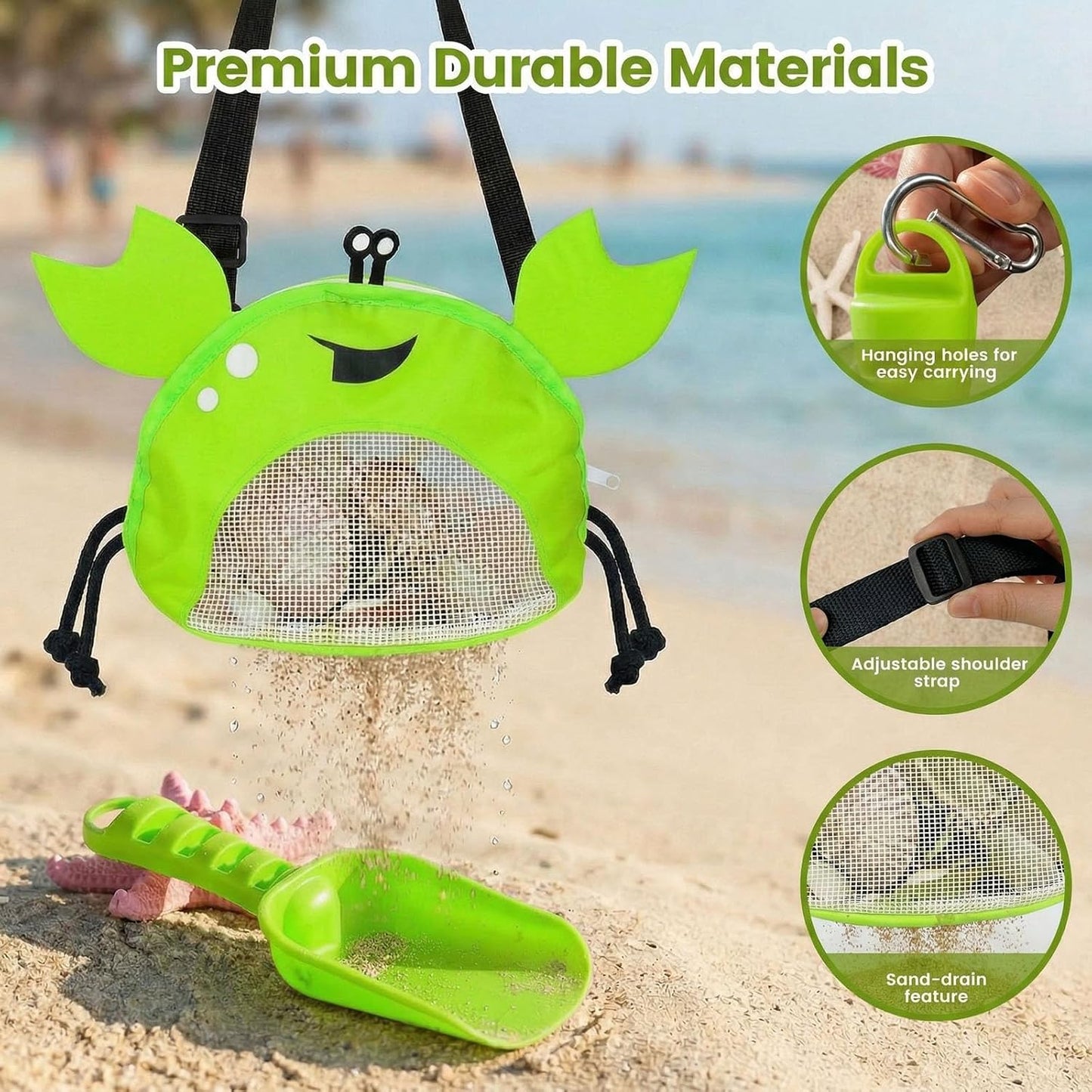 AMOR PRESENT Mesh Baby Beach Bag, Shell Collecting Bag with Shovel Crab-Shaped Adjustable Strap for Holding Shell Sea Pool Sand Toy, Blue