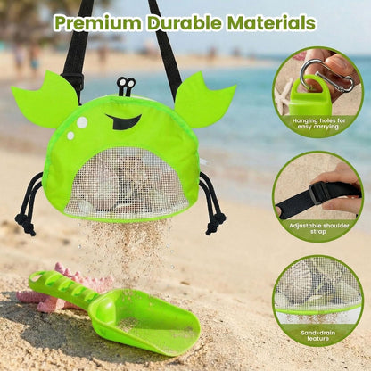 AMOR PRESENT Mesh Baby Beach Bag, Shell Collecting Bag with Shovel Crab-Shaped Adjustable Strap for Holding Shell Sea Pool Sand Toy, Blue