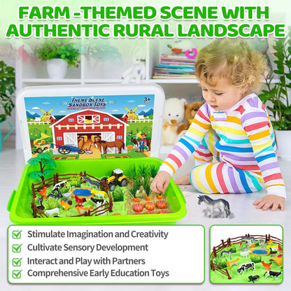 Bloolilies Sensory Bin, 59 Pcs Farm Sensory Sand Box Kits with Sandbox & Farm Animals & Tractor Playset, Play Sand Art Kit Magic Sand Toys for Boys Girls Toddlers Birthday Gift for Kids