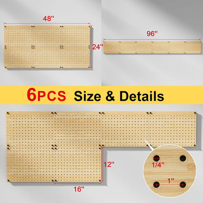 VOIMO Bamboo Pegboard Organizer Set, 6 Panels (16"x12") with 48 Hooks – Eco-Friendly Wall Mounted Storage Rack for Tools, Crafts & Office – Natural Bamboo Pegboard System with Accessories