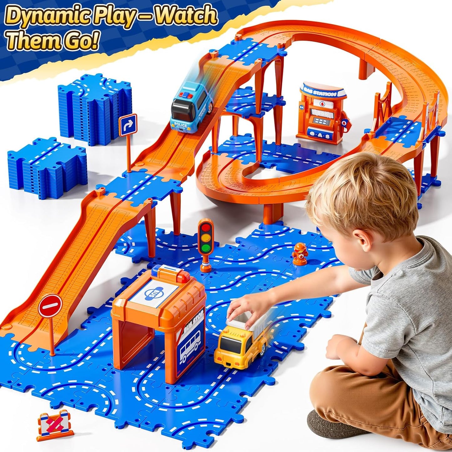 Toddler Puzzles Track Cars Toys for Kids, Boys and Girls Age 3-5 4-7, Floor Puzzle Race Track with Cars and Road Signs, Birthday Toy Games for 3 4 5 6 7 8 Year Old Birthday Gifts