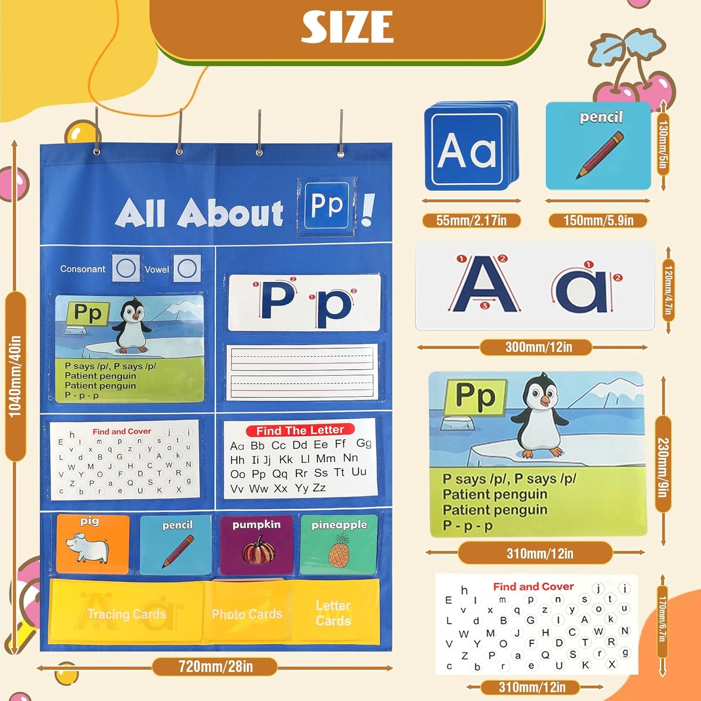 Alphabet Learning Pocket Chart, 41 * 28 Inch All About Letter Pocket Chart, ABC Letter Tracing & Sound Recognition Activity Wall Chart for Toddlers, Preschool & Homeschool Classroom Must Haves
