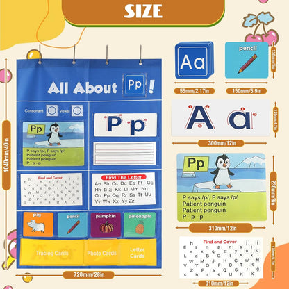 Alphabet Learning Pocket Chart, 41 * 28 Inch All About Letter Pocket Chart, ABC Letter Tracing & Sound Recognition Activity Wall Chart for Toddlers, Preschool & Homeschool Classroom Must Haves