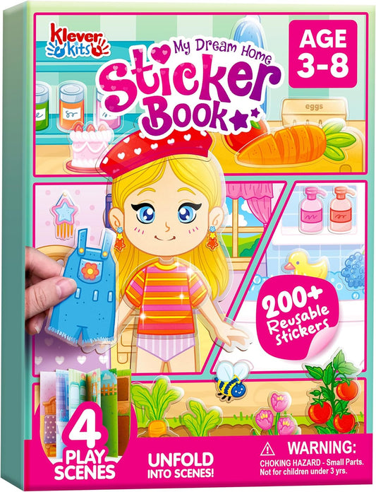JOVA Klever Kits Reusable Sticker Book for Kids, My Dream Home 4 Play Scenes with 200+ Washable Stickers Plane Activity for Toddler Aged 3 4 5 6 7 8 Girls and Boys Birthday Gift