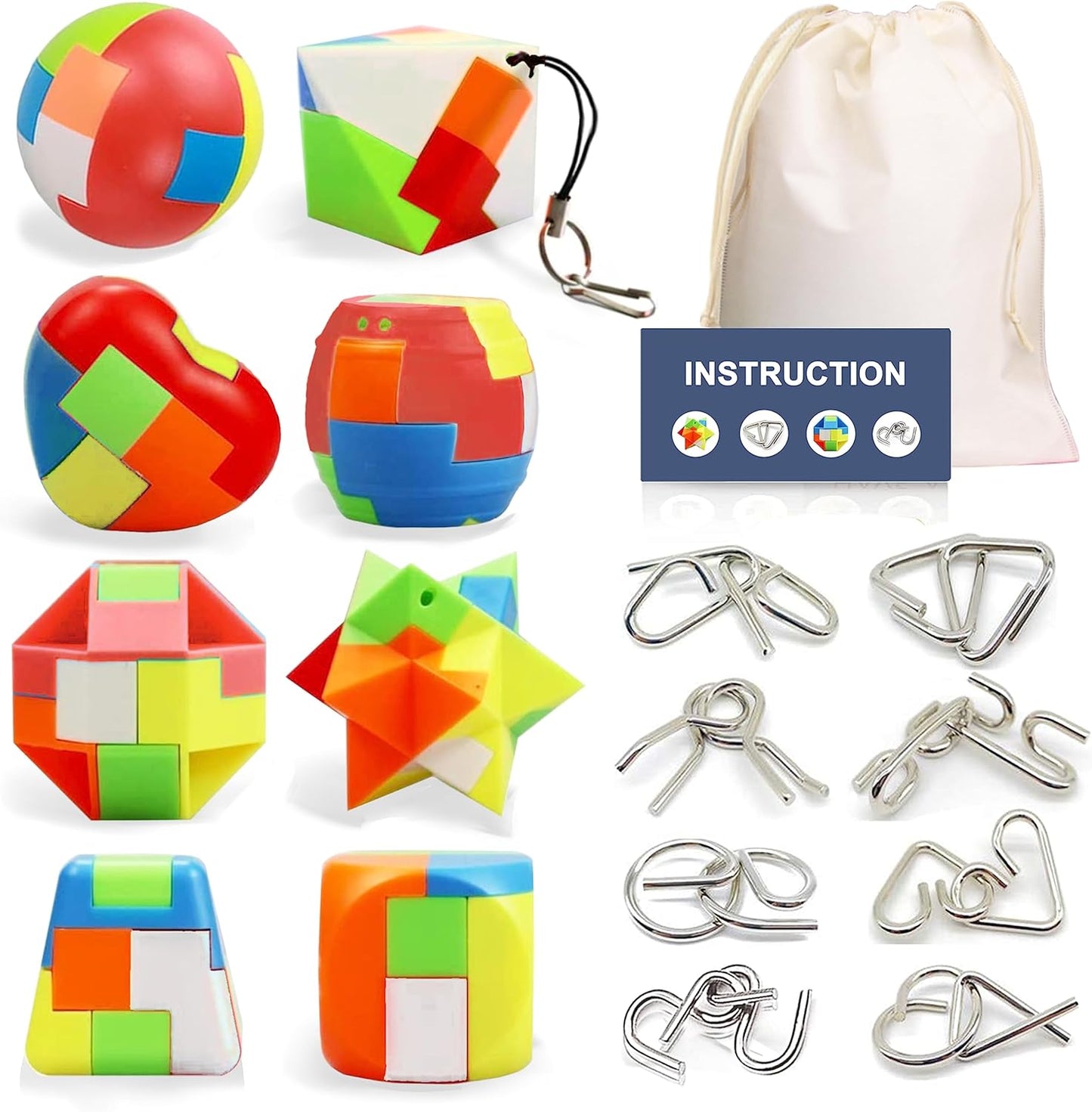 16 Pack Brain Teasers Puzzles for Kids & Adults, Brain Teasers Metal IQ Toys Puzzle Mind Game 3D Coil Cast Wire Unlock Interlock Magic Ball Puzzles for Teenagers
