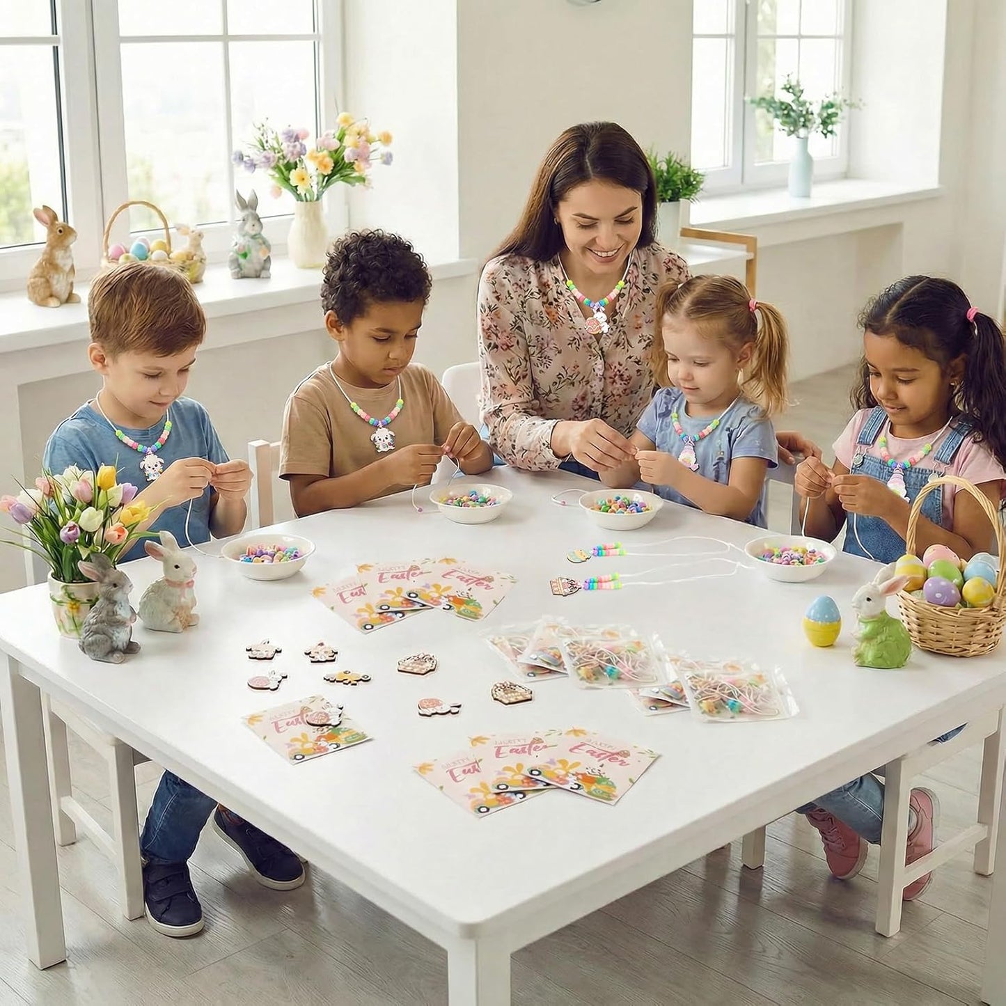 Bafeil 24 Set Easter Crafts Bead Necklace Making Kit for Kids - DIY Make Your Own Bunny Necklace for Arts and Crafts Project, Classroom Activities Gifts, Party Favors & Easter Basket Stuffers