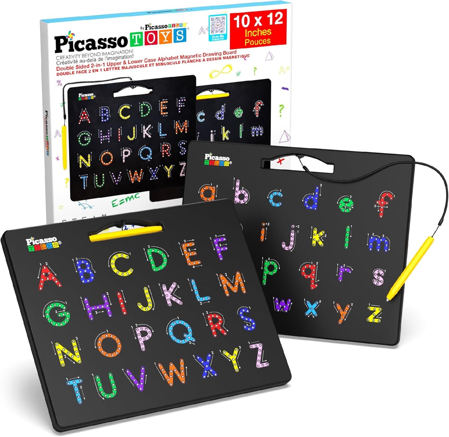 PicassoTiles 2PK 4-in-1 Magnetic Drawing Board 12x10 inch Large Magnet Tablet Pad with 4 Facings Lowercase & Uppercase Alphabets, Numbers, & Freestyle STEM Learning Writing Reading Playboard PTB06