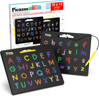 PicassoTiles 2PK 4-in-1 Magnetic Drawing Board 12x10 inch Large Magnet Tablet Pad with 4 Facings Lowercase & Uppercase Alphabets, Numbers, & Freestyle STEM Learning Writing Reading Playboard PTB06