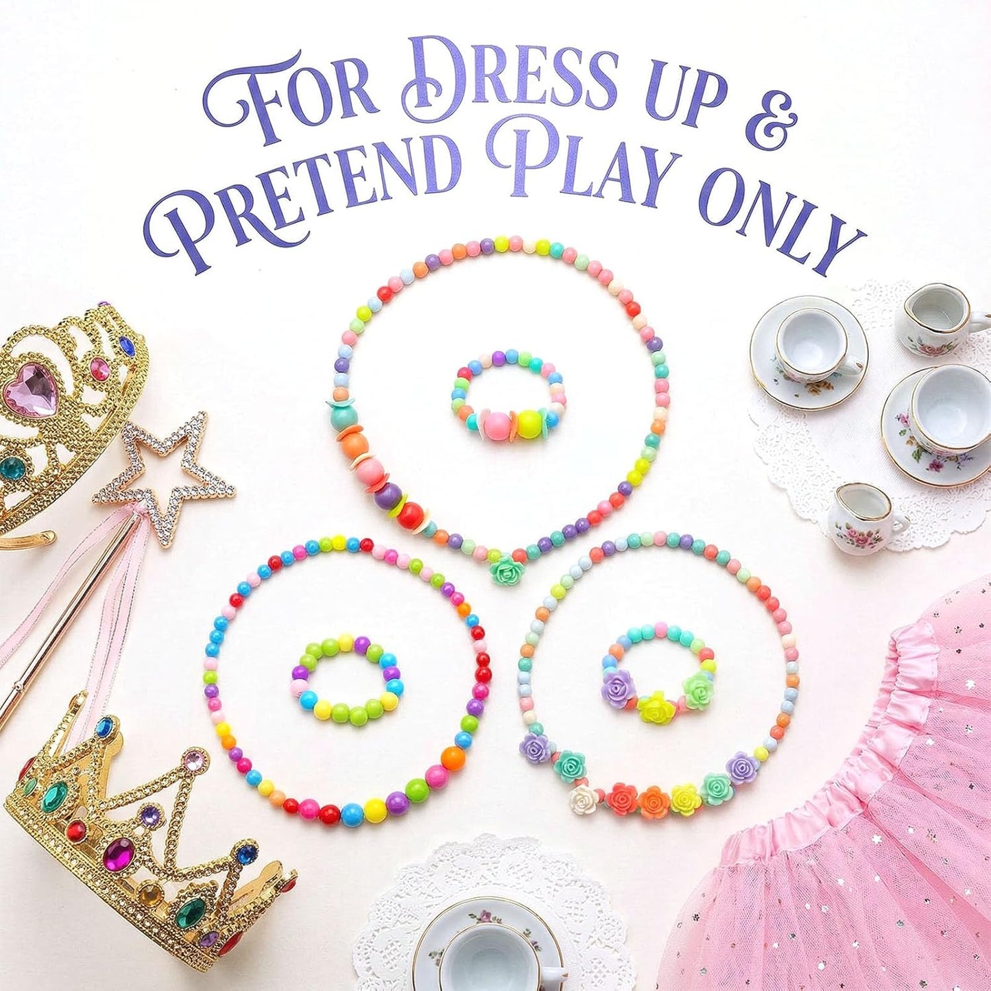 BigOtters Kindergarten Graduation Gifts, 3 Sets Toddler Necklace and Bracelet for Little Girls Colorful Beads Jewelry, Costume Dress up Princess Party Favors Preschool Class Rewards Bulk
