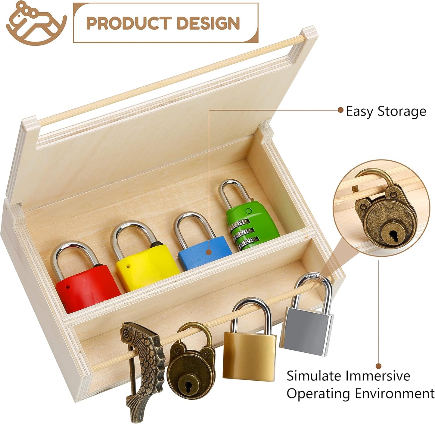 Woodtoe 8 PCS Montessori Lock and Key Toy, Montessori Toys for Toddlers 3 4 5 Year Old, Kids Tool Set, Montessori Materials Preschool Learning Toy, Fine Motor Skill, Educational Toys for Boy Girl 3-6