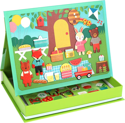 Petit Collage: Animal Friends Magnetic Game Board with Mix & Match, Ideal for Ages 3+, Includes Mag Play Scene Treehouse Party, 74 Count