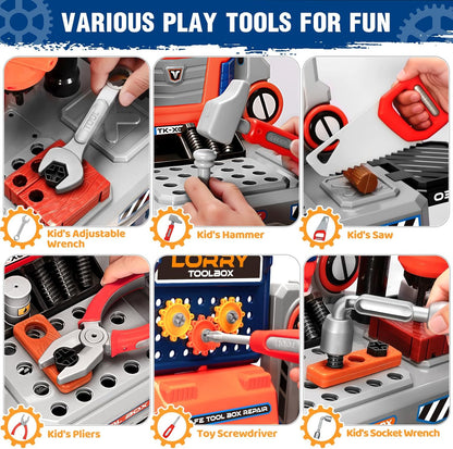 Kids Tool Bench with Electric Drill and Chair, Christmas Birthday Gift for Boys Girls Age 3,4,5+ Fun Play Kids Workbench, Transformable Toddler Tool Box Set, Construction Tool Toys for Toddler 3-5