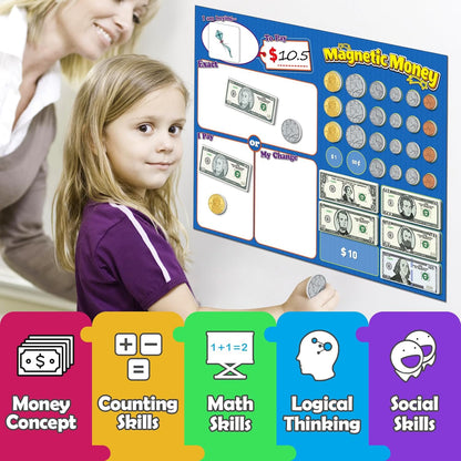 Kasfalci 60 PCS Magnetic Money for Kids for Learning, Math Manipulatives, Learning & Education Toys for Classroom, Pretend Play, Math Games for Toddler, Teacher and Homeschool Supplies