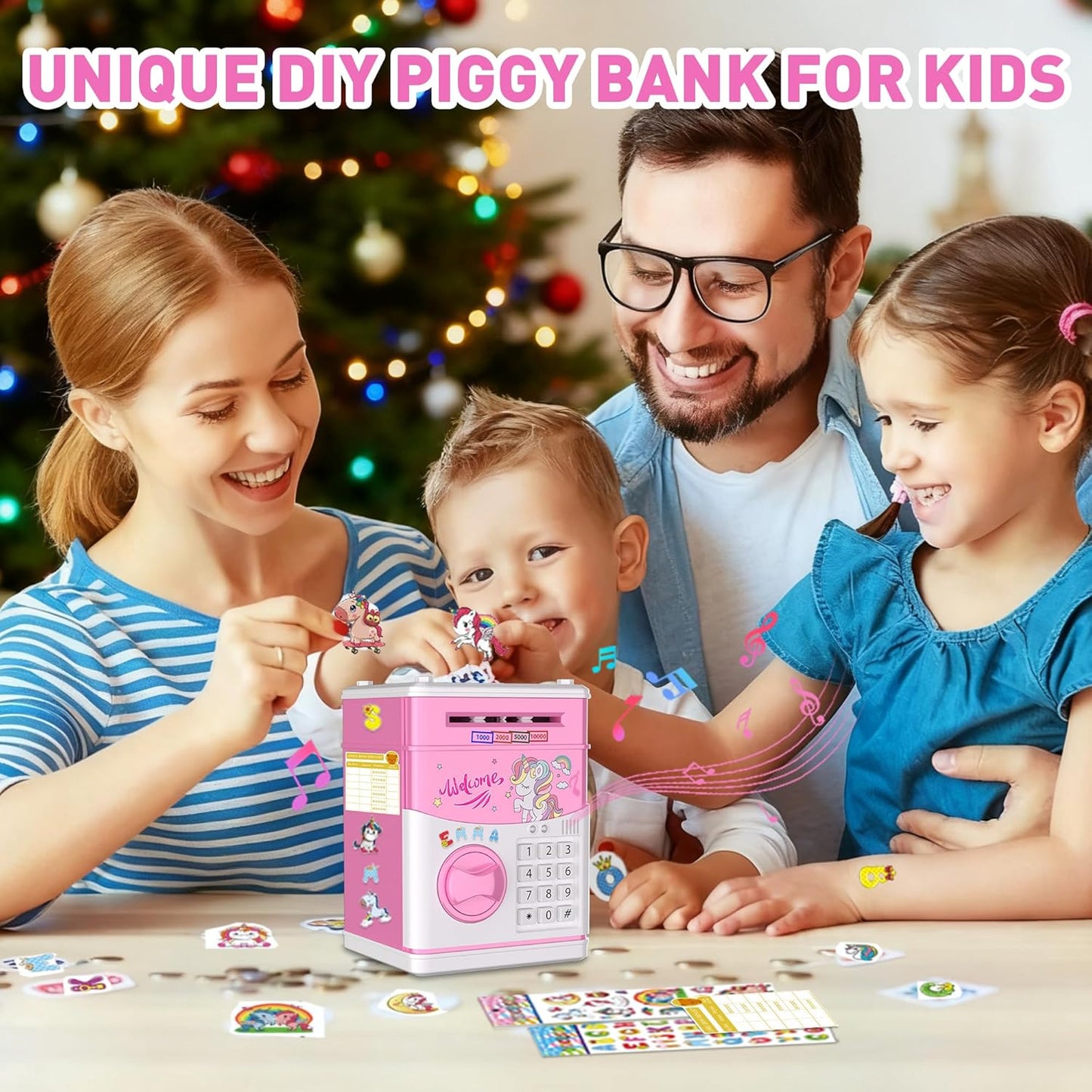 JUNEU Unicorn Piggy Bank for Kids, Gifts for 5 6 7 8 9 10 Year Old Girls, Kids Electronic Piggy Bank, Girls Birthday Gifts, Educational Toys for Girl Boys, Kid Money Saving Box, Mini ATM Coin Bank
