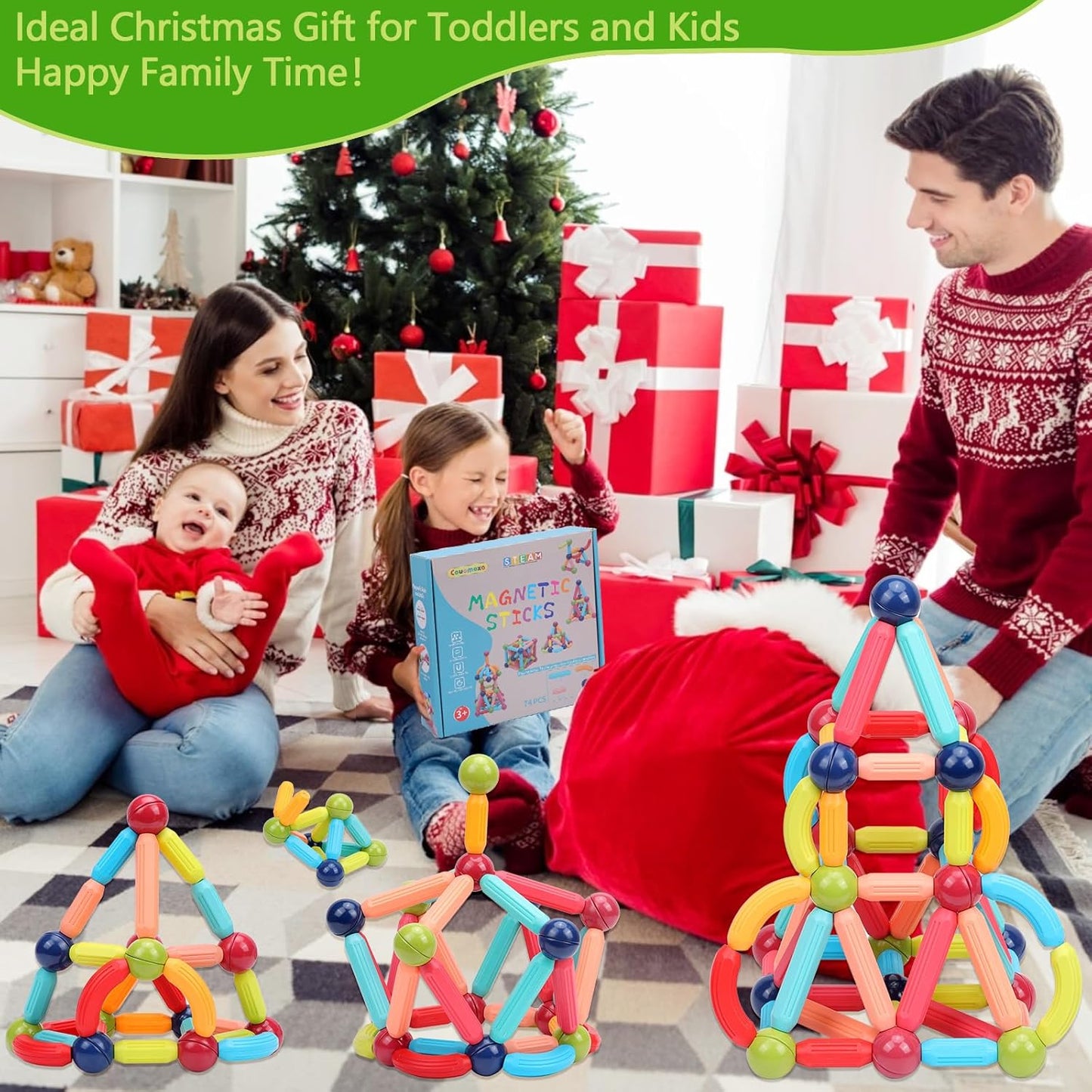 COUOMOXA Magnetic Toy Montessori for Kids: 3 4 5 6 7 8 9 10 11 12 Years Old Kids Building Sticks - Magnetic Creative Toy Age 3-12 Playroom Family - Christmas Birthday Gift for Boys Girls