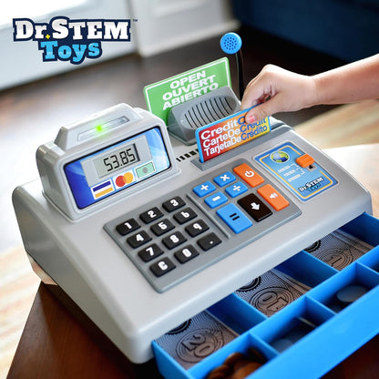 Dr. STEM Toys Talking Toy Cash Register, STEM Learning 69 Piece Pretend Store with 3 Languages, Paging Microphone, Credit Card, Bank Card, Play Money and Banking for Kids (Silver)