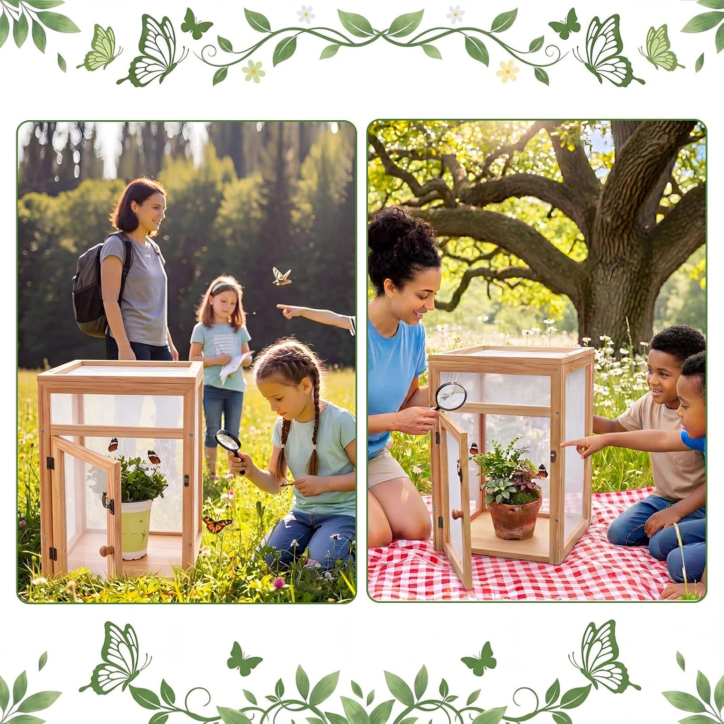 Bucherry Wooden Butterfly Habitat Cage Kit 15.7 Inch Monarch Caterpillar Enclosure with Mesh Tent & Wood Frame, Detachable Insect Observation House for Kids Outdoor Garden