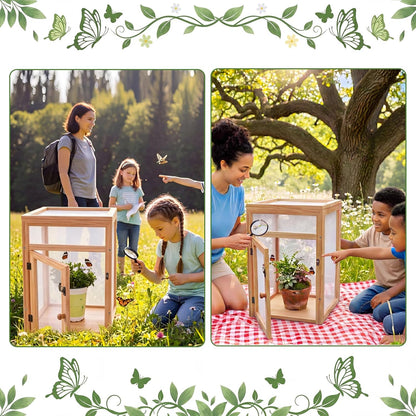 Bucherry Wooden Butterfly Habitat Cage Kit 15.7 Inch Monarch Caterpillar Enclosure with Mesh Tent & Wood Frame, Detachable Insect Observation House for Kids Outdoor Garden
