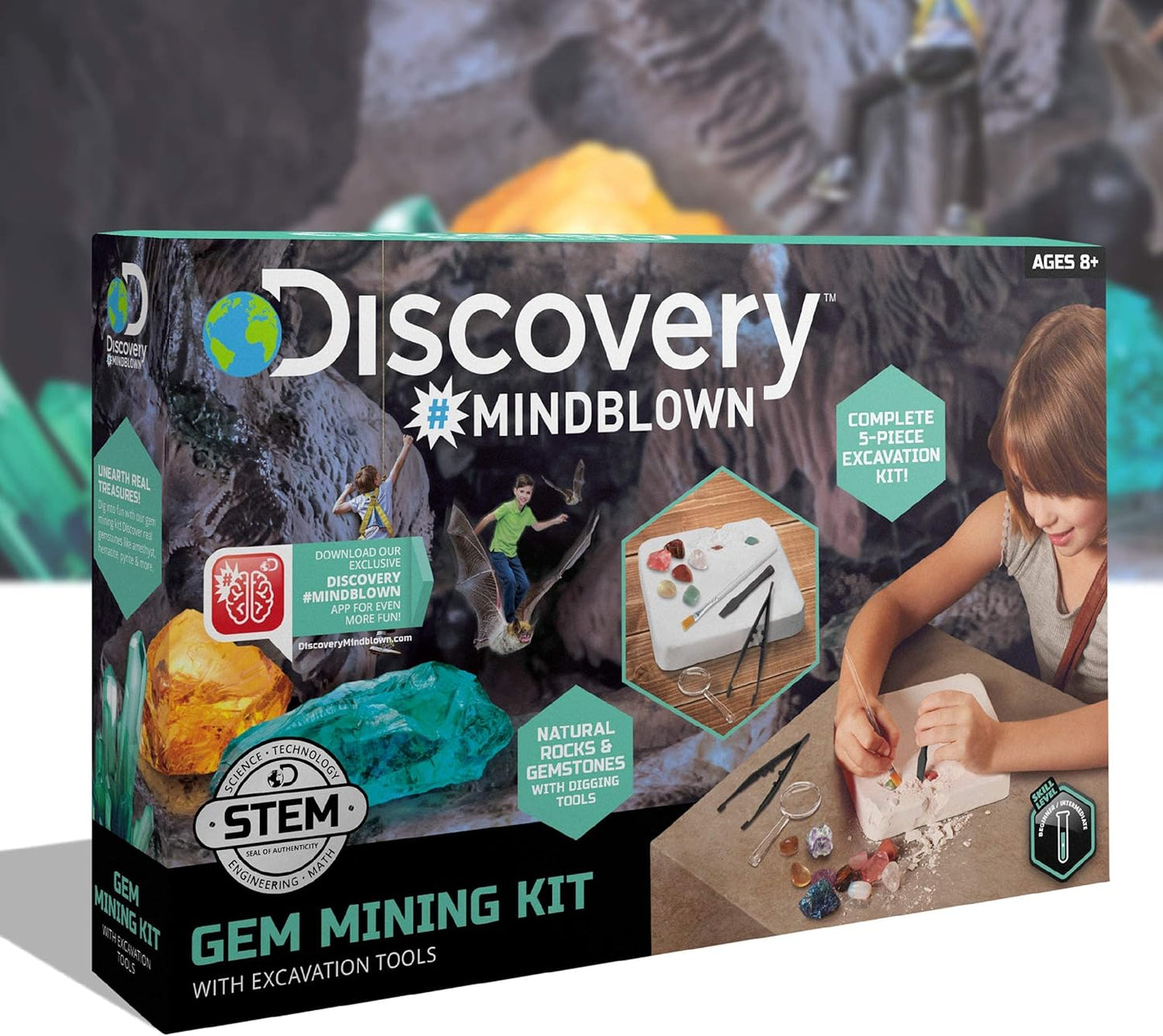 Discovery™ Gemstone Mining Kit - Excavate Real Gems & Rock Minerals, Fun DIY STEM Experiment, Educational Geology Activity Toy, Safe Non-Toxic Kids Learning Set Gift, Chisel Magnifying Glass Tools