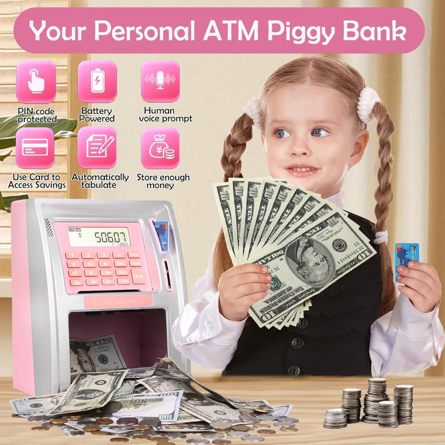 BKstar Kids Talking ATM Piggy Bank for Real Money with Dual Debit Cards, Power-Off Memory, Auto-Opening Drawer, Onekey Shutdown, Bill Feeder, Coin Recognition, Balance Calculator Machine