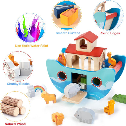 JUSTWOOD Wooden Noahs Ark Toy Animal Play Set, Bible Story Toys Baptism Gift for Boys and Girls Ages 1+ Years, Baby Shape Sorter Toy SS09