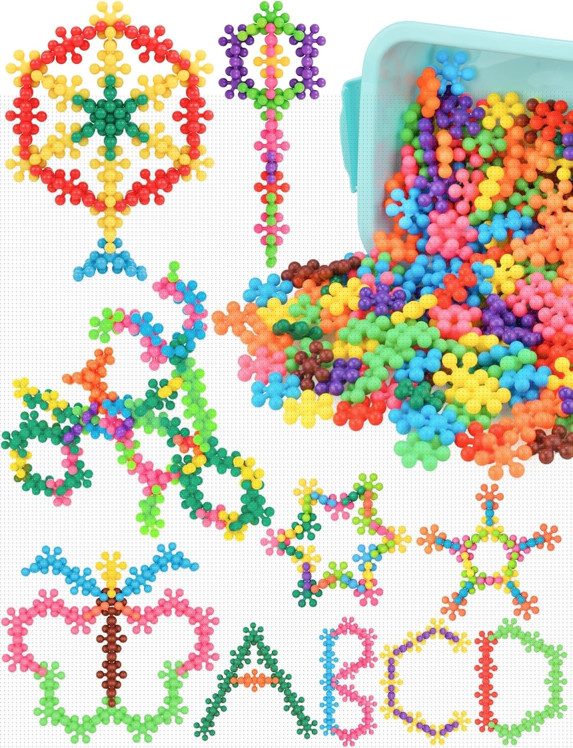 Snowflake Interlocking Building Block Educational Toy 300PCS for Kids Ages 3+, Multi-Color Solid Plastic Early Learning Creativity STEM Toy with Carrying Case Safe Material