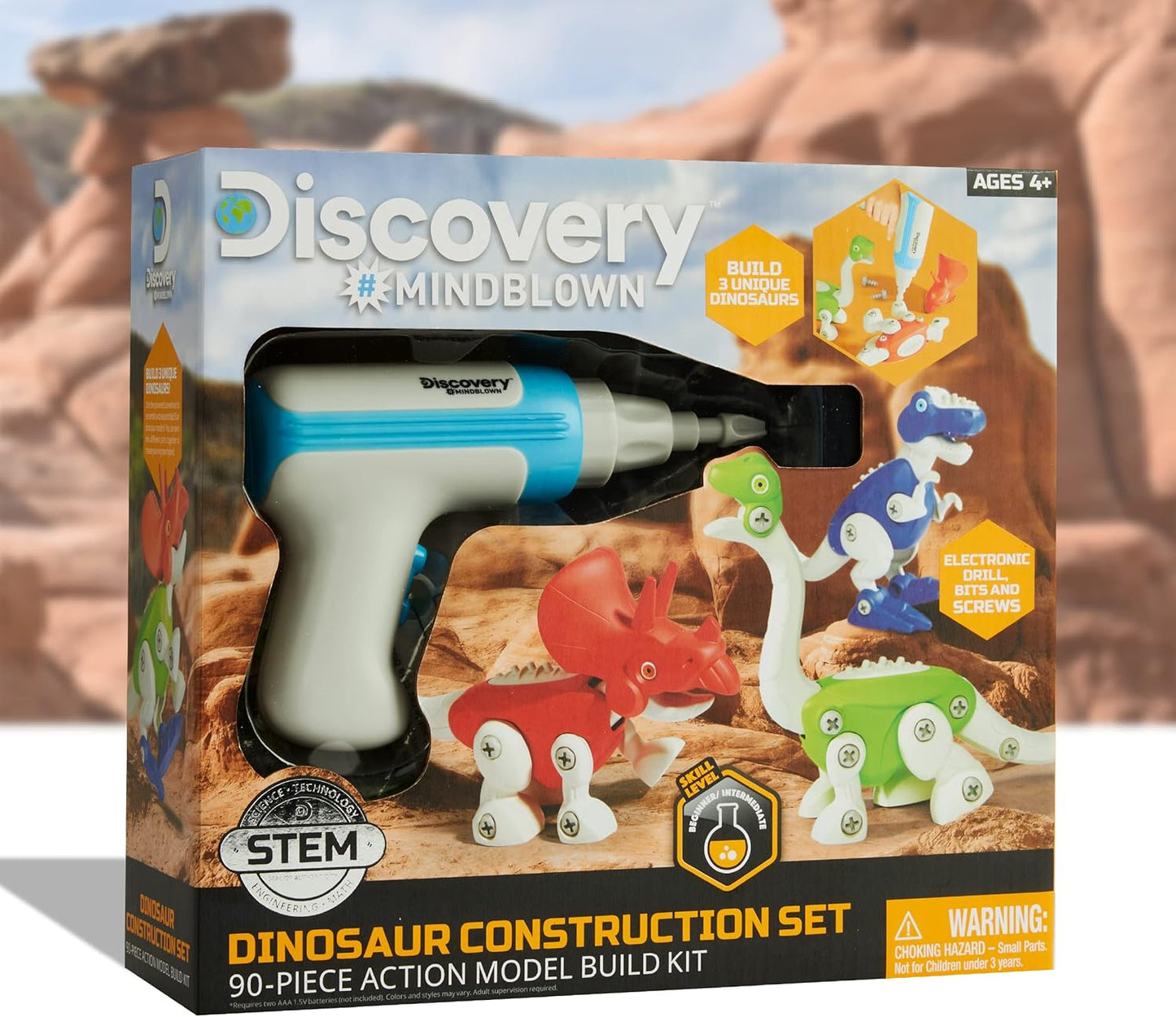 Discovery™ Dinosaur Construction Set, 90-Piece Action Model Build Kit, Kid-Safe Electronic Tools & Screws, Create T-Rex Triceratops, Prehistoric Monster Learning STEM Toy for Paleontologists