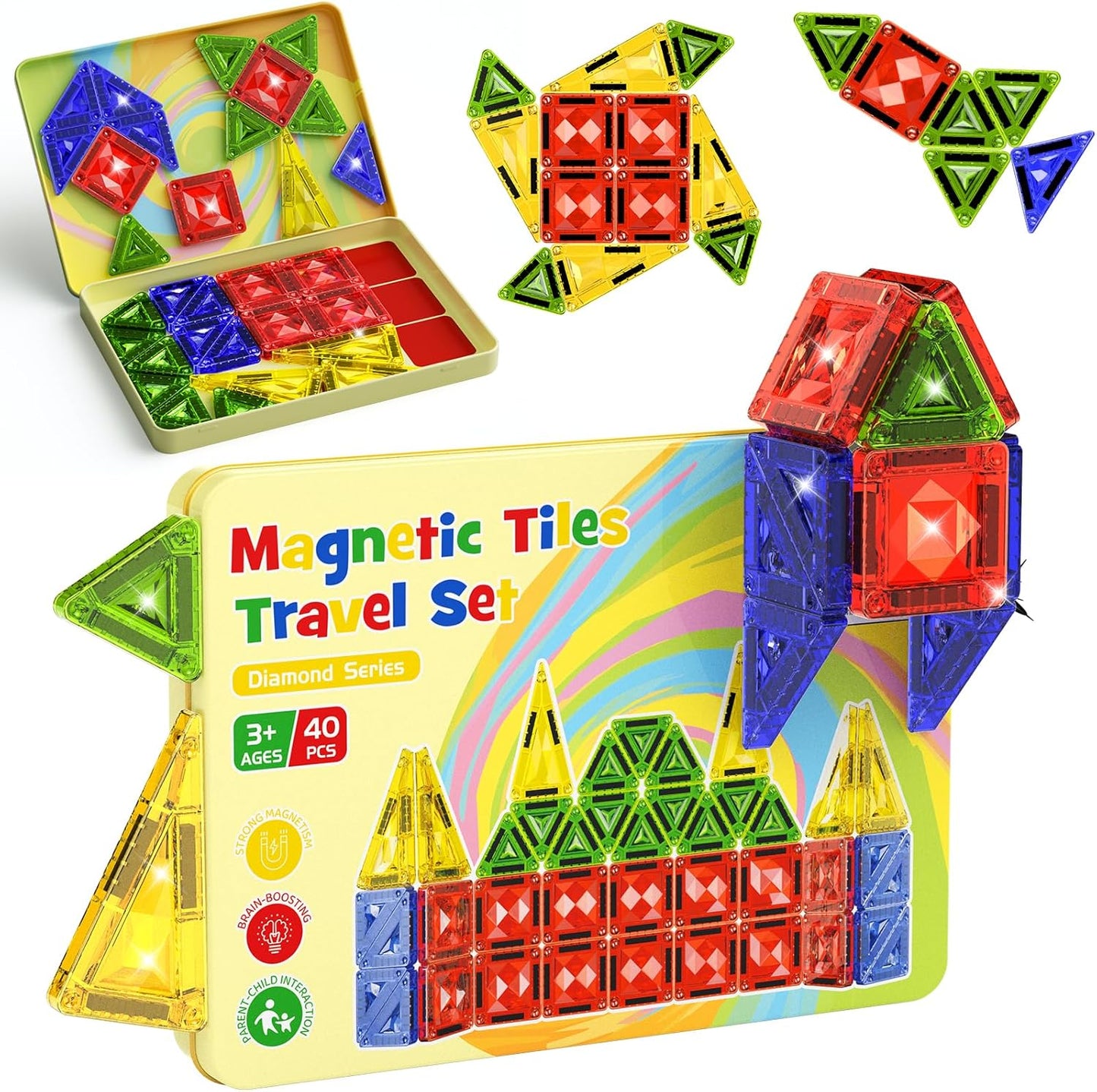 Magnetic Tiles for Kids Ages 4-8, Magnetic Blocks Travel Set with Diamond Surface & Metal Storage Box, 60PCS STEM Learning Toys, Educational Building Gifts for 3-8 Year Olds