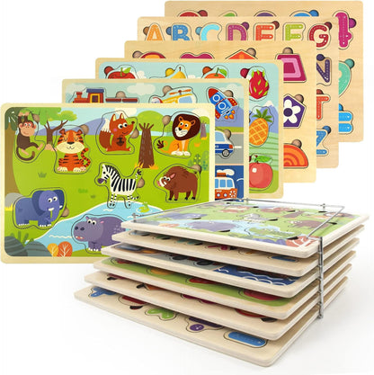 WOOD CITY Toddler Puzzles and Rack Set, Wooden Peg Puzzles Bundle with Storage Holder Rack, Educational Knob Puzzle for Kids Age 2 3 4 Years - Alphabet Number Shape Dinosaur Animal Vehicle