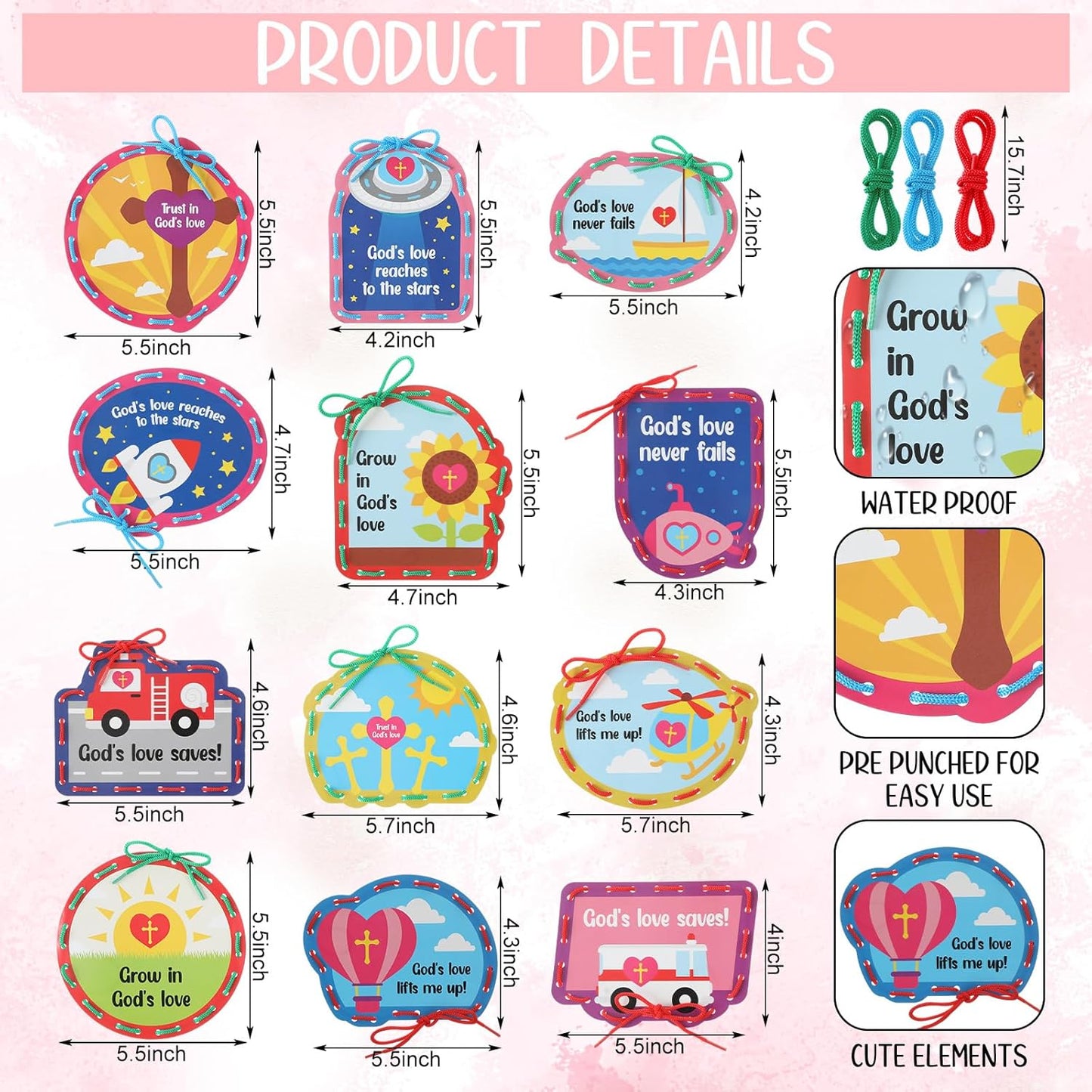 Skyygemm 36 Pcs Religious Lacing Cards Cutouts God's Love Jesus Christian Sewing Cards Kits for Preschoolers with 3 Colorful Laces for Sunday School VBS Favors 12 Styles