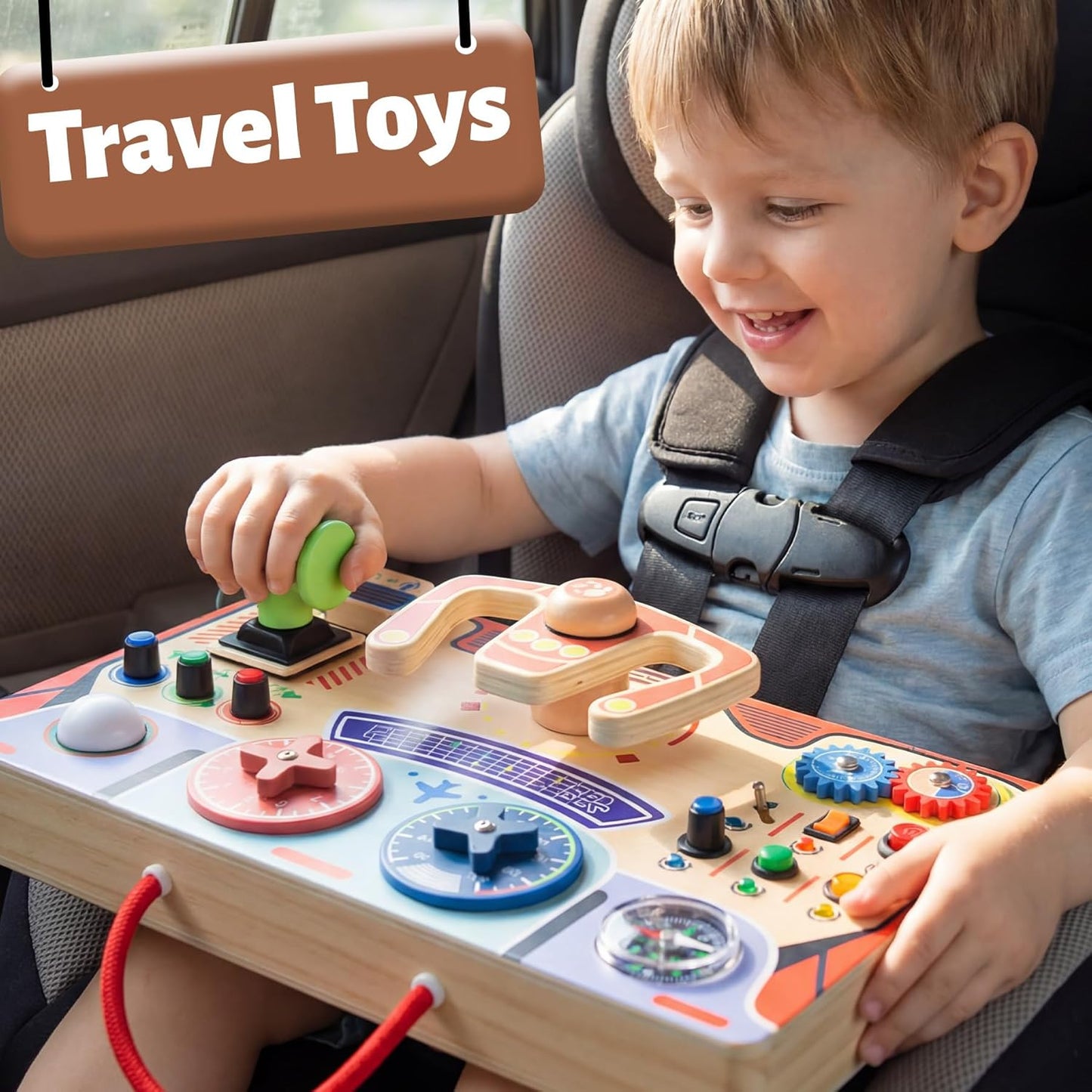 Montessori Busy Board for Toddlers 2-4,Wooden Sensory Steering Wheel Toys with LED Light Switch,Travel Toy Educational Fidget Activity Board for Boys and Girls Gift