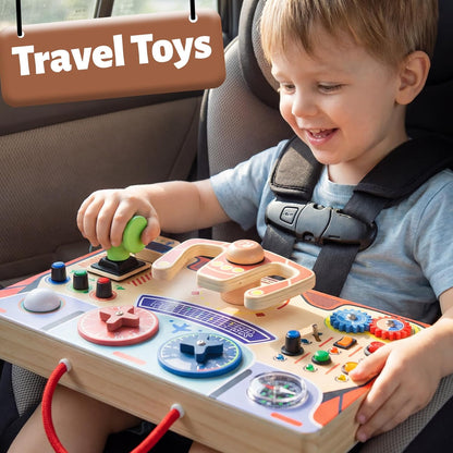 Montessori Busy Board for Toddlers 2-4,Wooden Sensory Steering Wheel Toys with LED Light Switch,Travel Toy Educational Fidget Activity Board for Boys and Girls Gift