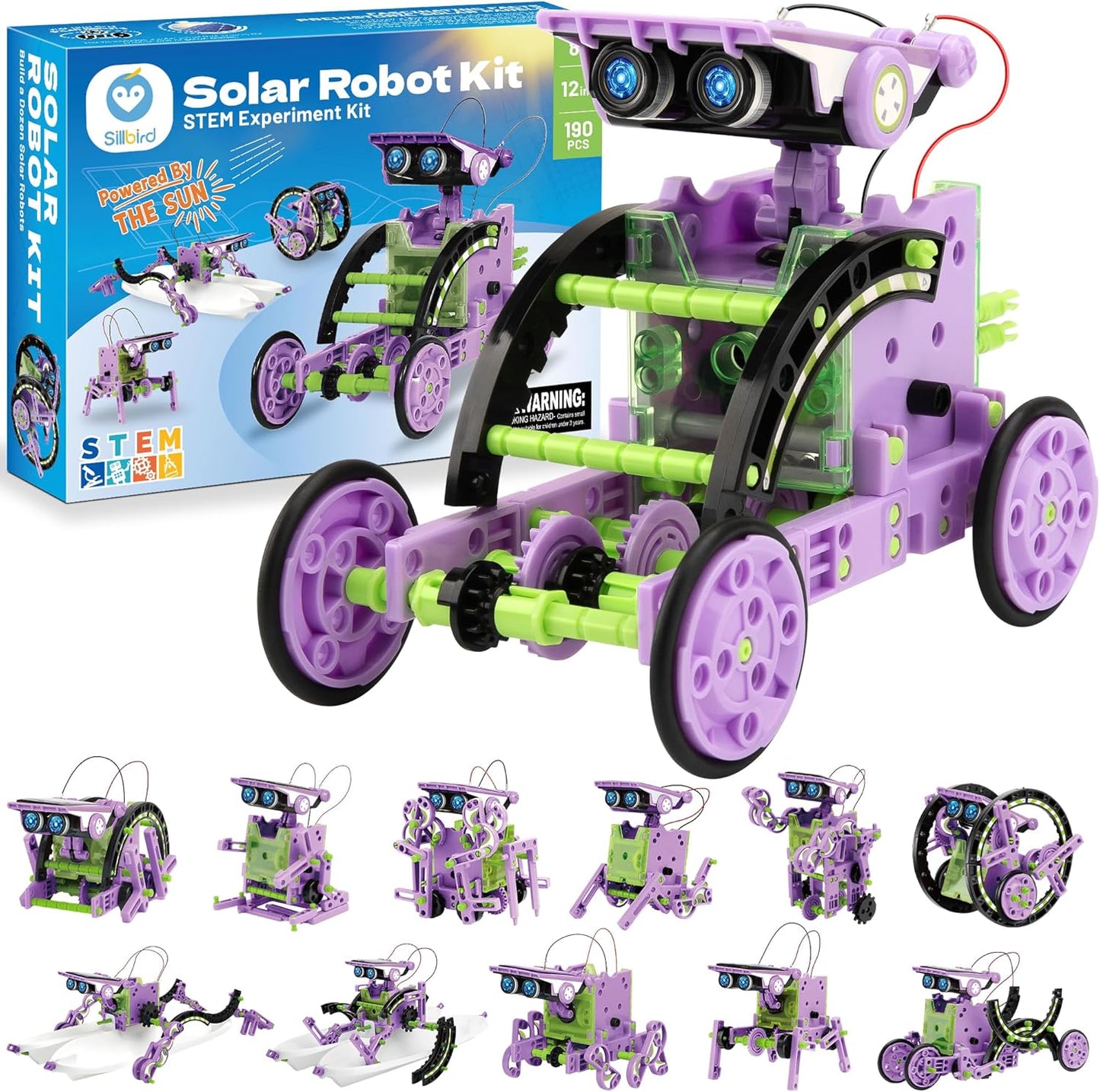 Sillbird Solar Robot Building Kit STEM Gift for Boys Aged 8-12, 12-in-1 DIY Science Educational Robotic Toys for Kids Teens Birthday, Powered by the Sun with 190 Pieces