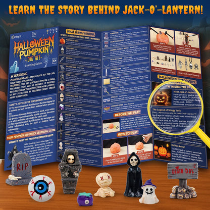 PIBEX Spooky Pumpkin Dig Kit – Excavation Science Kit with 14 Hidden Treasures (4 Metal Charms + 10 Creepy Minis) DIY Necklace Craft & Archaeology Adventure Toy for Kids Ages 6+