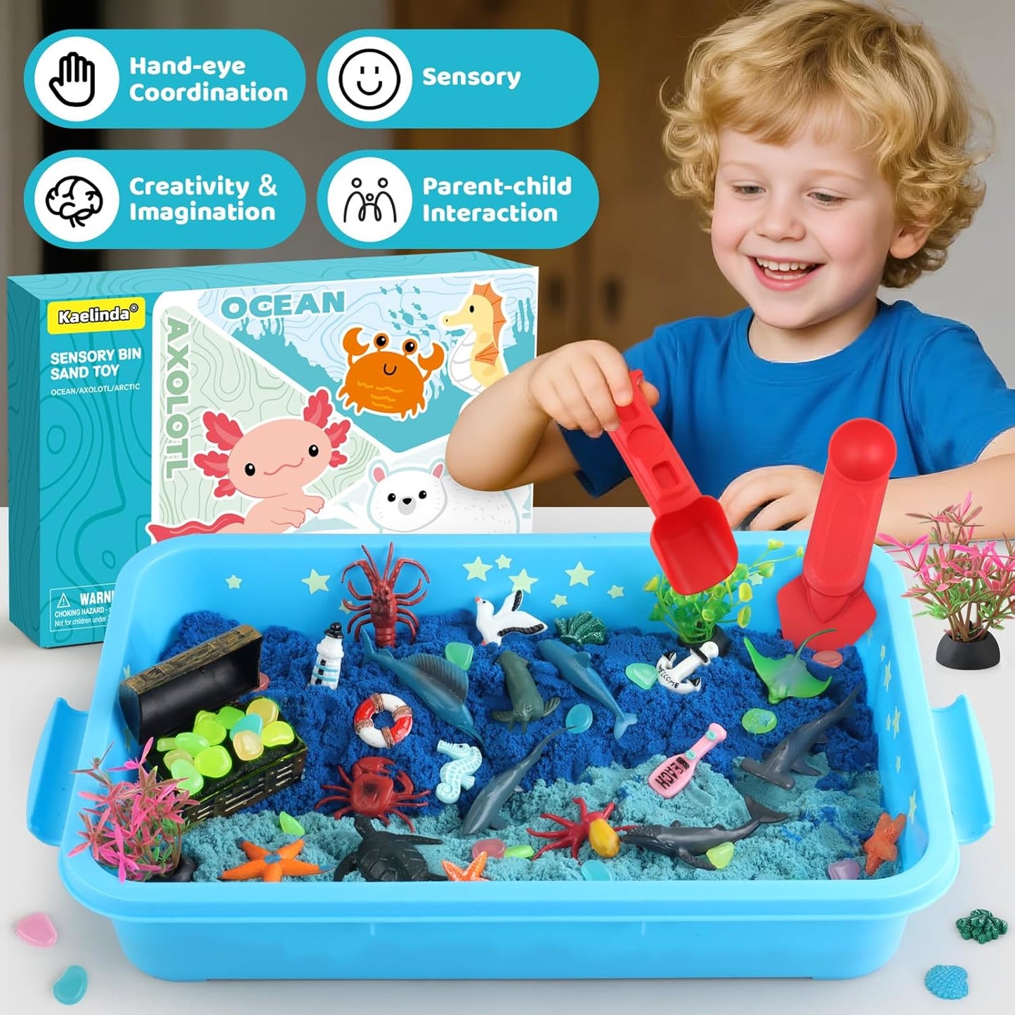 Kaelinda Ocean Sensory Bin - Sea Animals Toys for Kids 3-5, Sensory Bin Sand Gifts for Toddler 3-4, Ocean Toys Sensory Sand for Boys Girls Birthday 3 4 5 6 7 8 Year Old