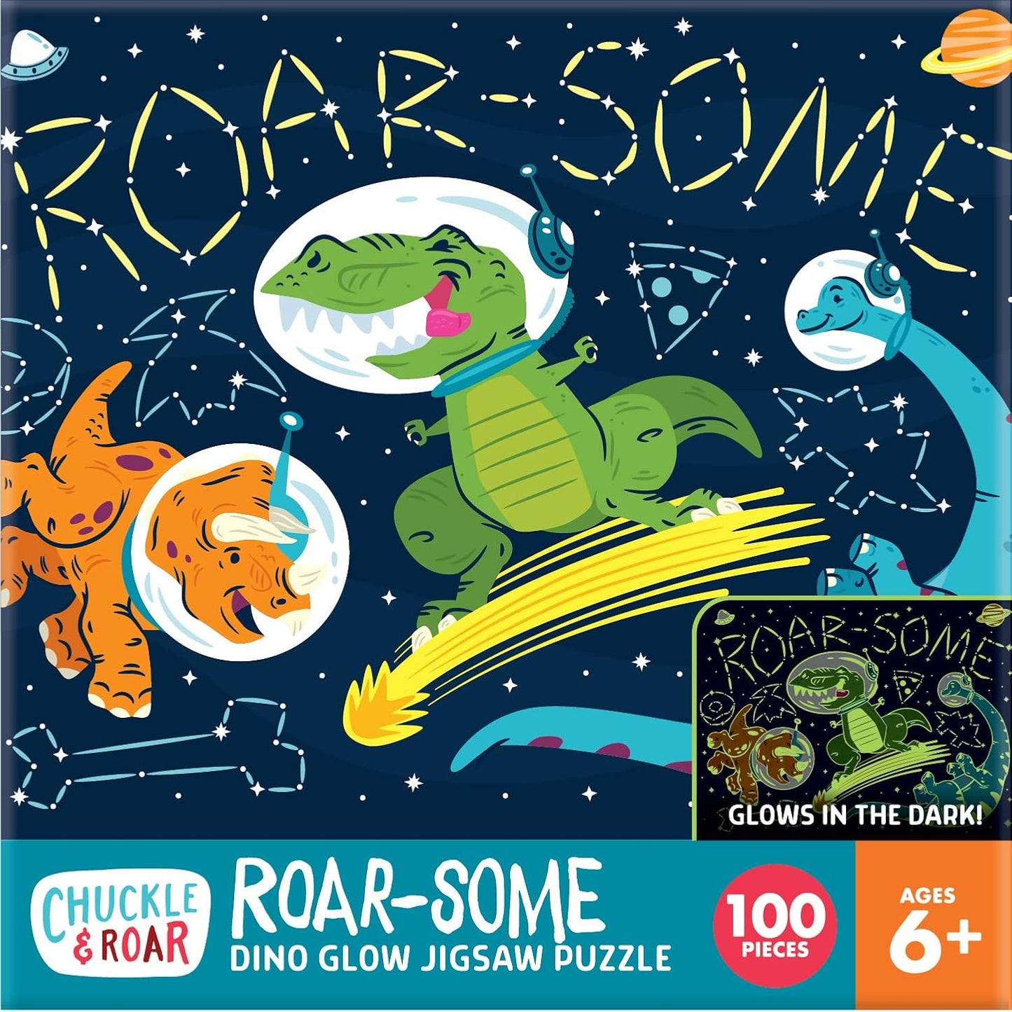 Chuckle & Roar - Roar-Some Glow in The Dark Jigsaw Puzzle for Kids - 100 Piece Educational Space Dino Puzzle - Ages 6+ - Fun Learning, Fine Motor Skills, Screen Free Activity