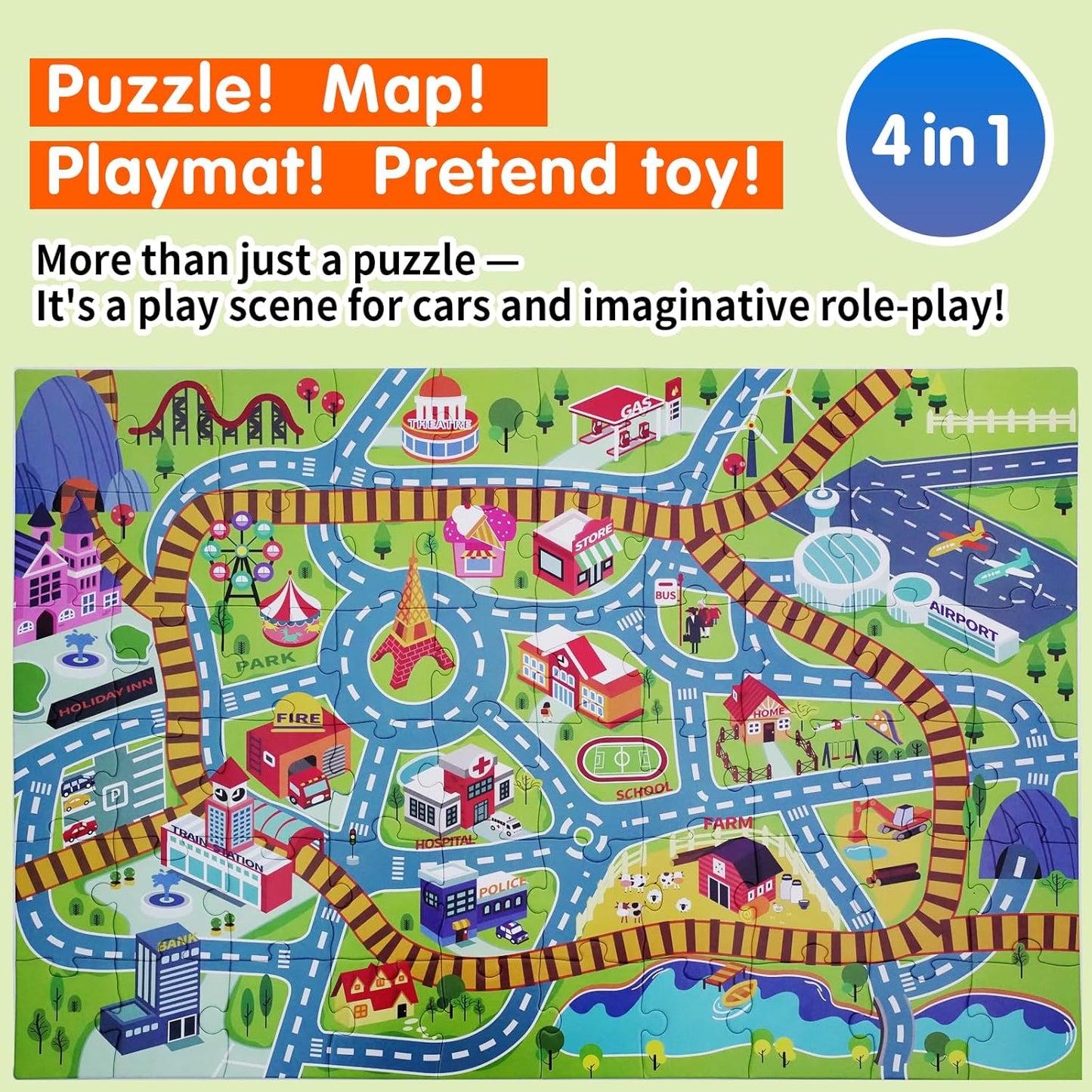 Jumbo Floor Puzzle for Kids Ages 3-5, Giant City Race Tracks Jigsaw Puzzles for Toddler 2-4 (60pcs 35.4x23.4 Inch Extra-Thick Cardboard), Educational Preschool Toy for 4-6 Year Old