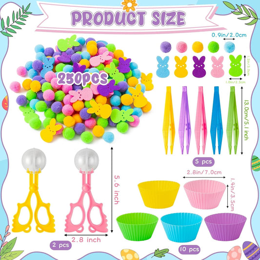 EZdhuawuse Summer Bunny Sensory Bin Fillers - 268Pcs Summer Bunny Fine Motor Toys Color Counting Sorting Set for Kids, Felt Colorful Rabbits Pom Poms Cup Clip for Preschool Education Family Activities